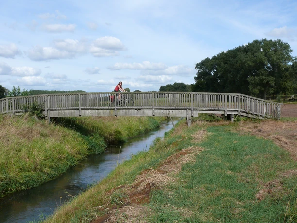 Radeln auf dem Brückenradweg Wooden bridge over a small river, flanked by green meadows under a cloudy sky.