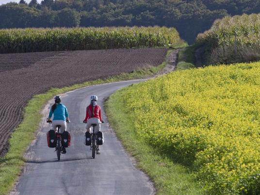 Radeln auf der Radroute der Megalithkultur Zwei Radfahrer auf einem schmalen Weg zwischen Feldern in einer ländlichen Landschaft.Two cyclists on a narrow path between fields in a rural landscape.To cyklister på en smal sti mellem marker i et landligt landskab.Twee fietsers op een smal pad tussen velden in een landelijk landschap.