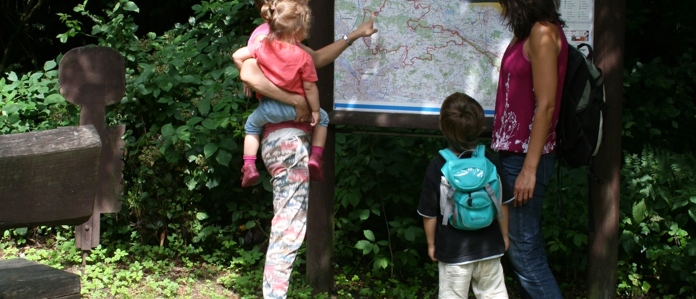 Wandern auf dem DiVa-Walk Three people are studying a map on a forest hiking trail.