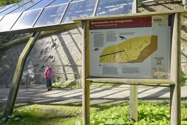 Wandern auf dem DiVa-Walk Bord met informatie over het zoeken naar sporenfossielen in Juragesteente, persoon op de achtergrond.