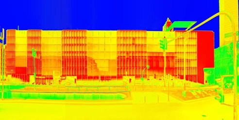 Modern building in colour thermal image style