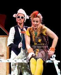 Kostümierte Schauspieler des Musiktheaters LUPE in einer Szene aus Wolle & Gack auf der Bühne.