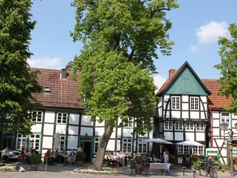 Radeln auf der NST -Tour Fachwerkhäuser mit Außenterrassen und Menschen im Schatten großer Bäume.