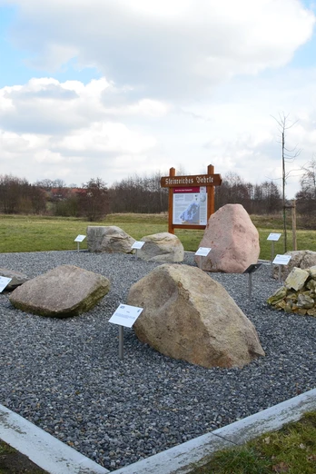 Findlingsgarten Verschiedene Findlinge mit Schautafeln auf einer Schotterfläche im Freien.Various boulders with information boards on a gravel surface in the open air.Forskellige kampesten med informationstavler på et udendørs grusareal.Verschillende keien met informatieborden op een gedeelte met grind in de openlucht.