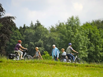 Radeln auf der BO 2 - Rund um Hunteburg Radfahrer und Spaziergänger auf einem grünen Hügel unter blauem Himmel mit Bäumen im Hintergrund.