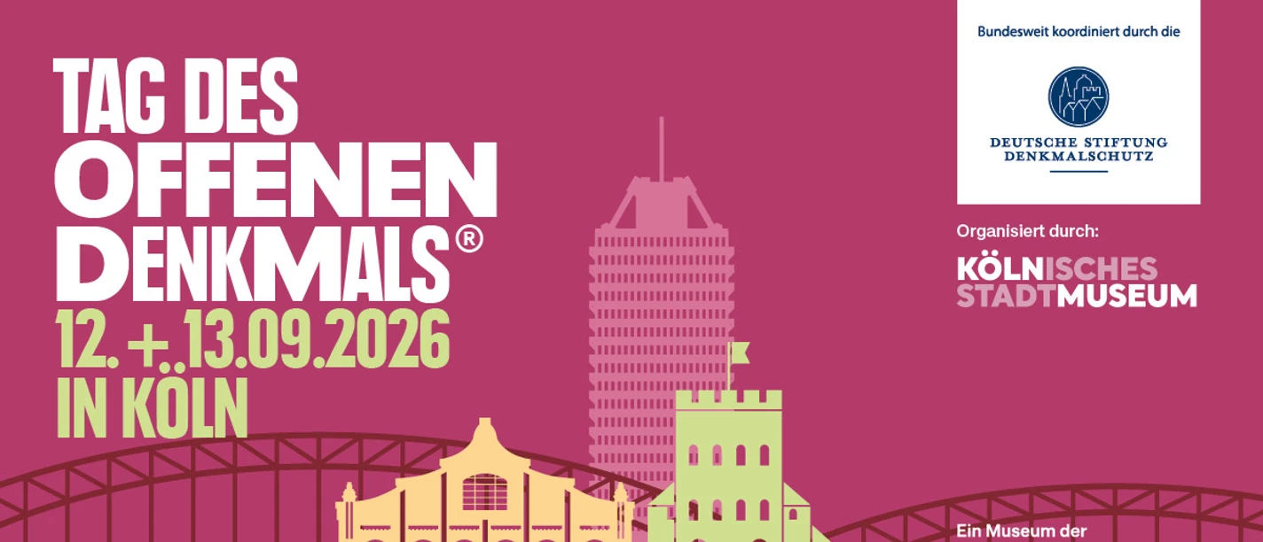 Open Monument Day Graphic for Open Monument Day on September 12 and 13, 2026, in Cologne, featuring the city skyline