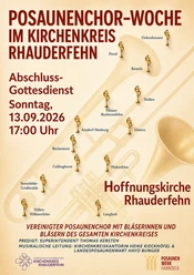 Plakat zur Posaunenchor-Woche mit roter Schrift, goldenen Trompeten und Gottesdiensttermin.