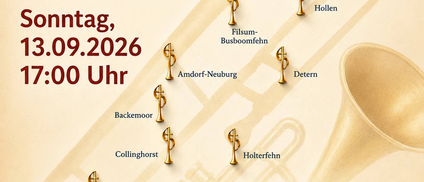 Plakat zur Posaunenchor-Woche mit roter Schrift, goldenen Trompeten und Gottesdiensttermin.
