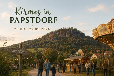 Kirmes in Papstdorf, 25.09. - 27.09.2026, mit Menschen, einem Karussell und einer Berglandschaft im Hintergrund.
