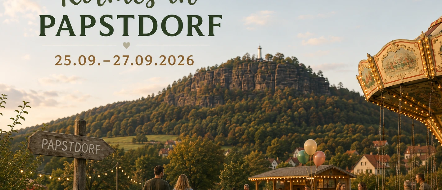 Kirmes in Papstdorf, 25.09. - 27.09.2026, mit Menschen, einem Karussell und einer Berglandschaft im Hintergrund.