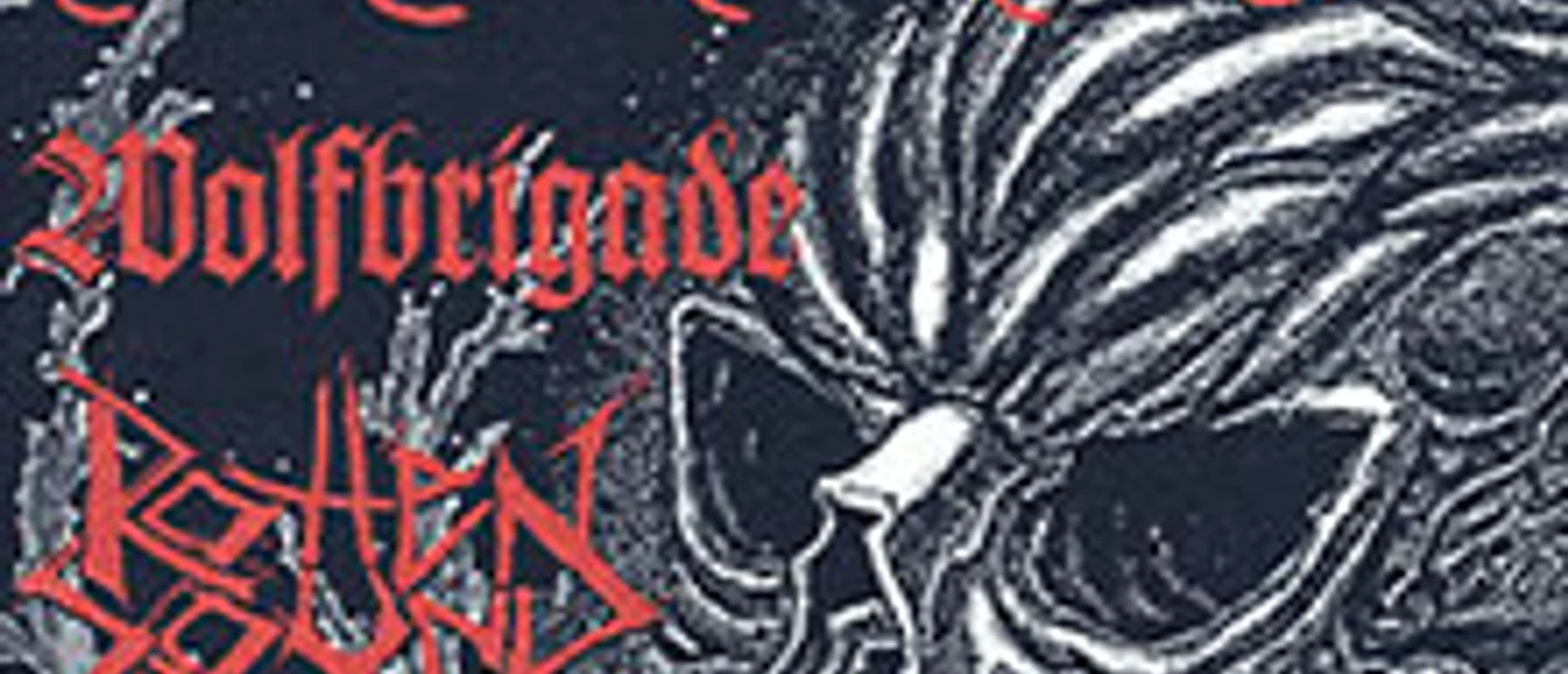 Konzertplakat mit Totenkopf und roten Logos von Nails, Wolfbrigade, Rotten Sound, Invunche