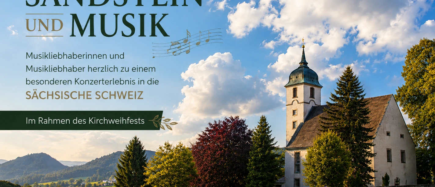 Man sieht eine Kirche, im Hintergrund Berge und vor der Kirche eine Blumenwiese