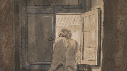 Historisches Gemälde einer Person am offenen Fenster