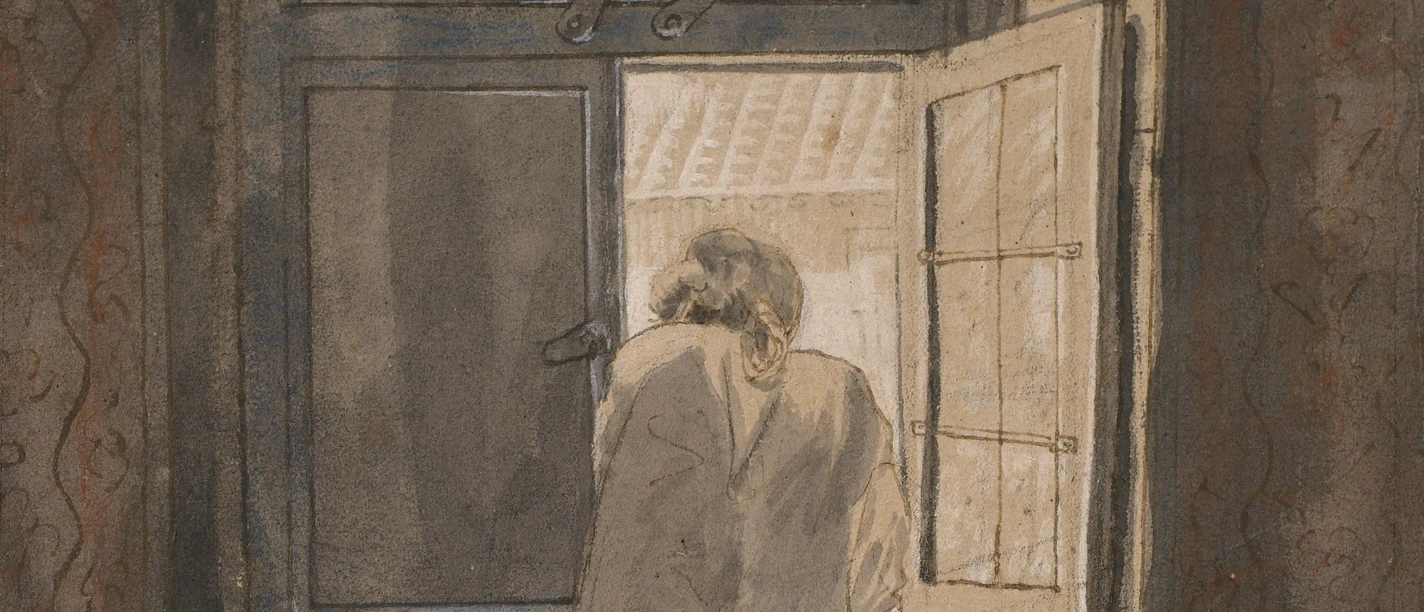 Historisches Gemälde einer Person am offenen Fenster