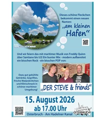 Plakat: Musik am kleinen Hafen am 15. August 2026 mit Marinafoto und Bandporträt.