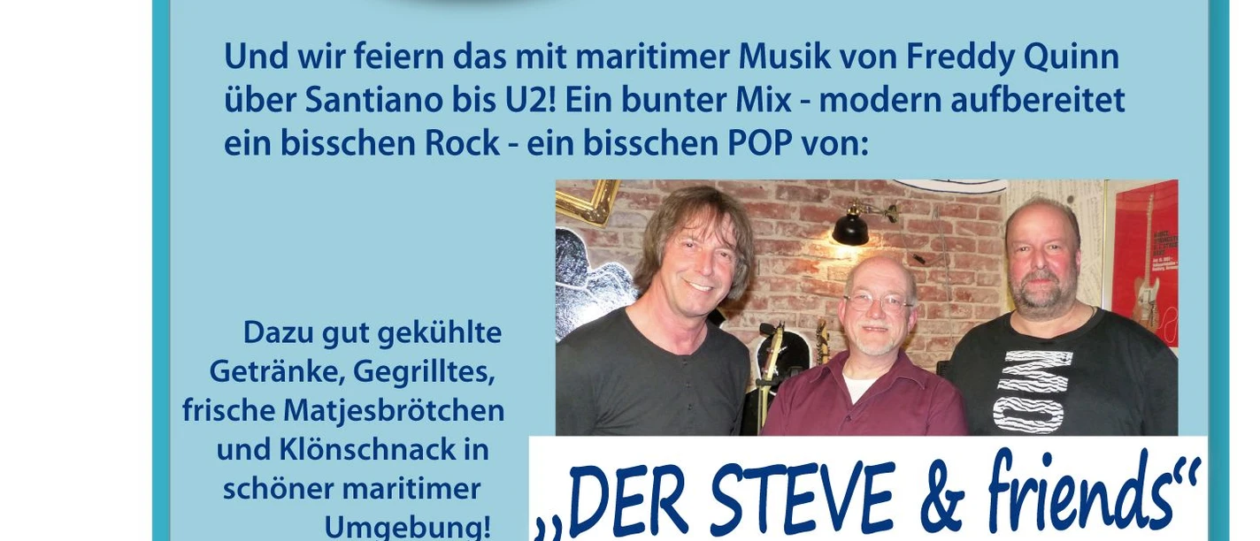 Plakat: Musik am kleinen Hafen am 15. August 2026 mit Marinafoto und Bandporträt.