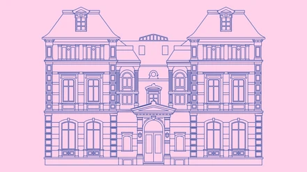 Blaue Strichgrafik der Villa Zanders auf rosa Hintergrund