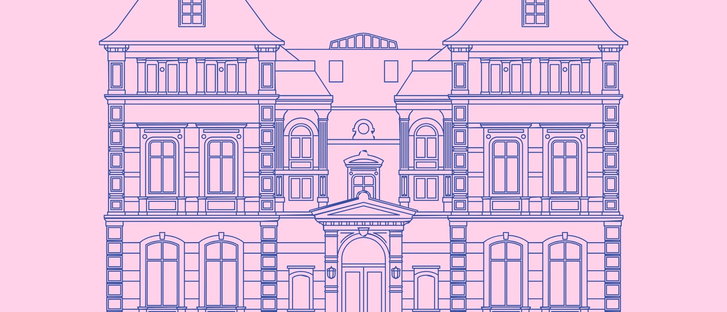 Blaue Strichgrafik der Villa Zanders auf rosa Hintergrund