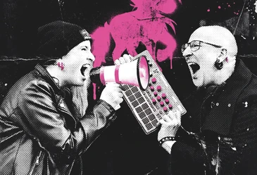 Grafische Darstellung von zwei Personen mit Megafon in Pink und Schwarz
