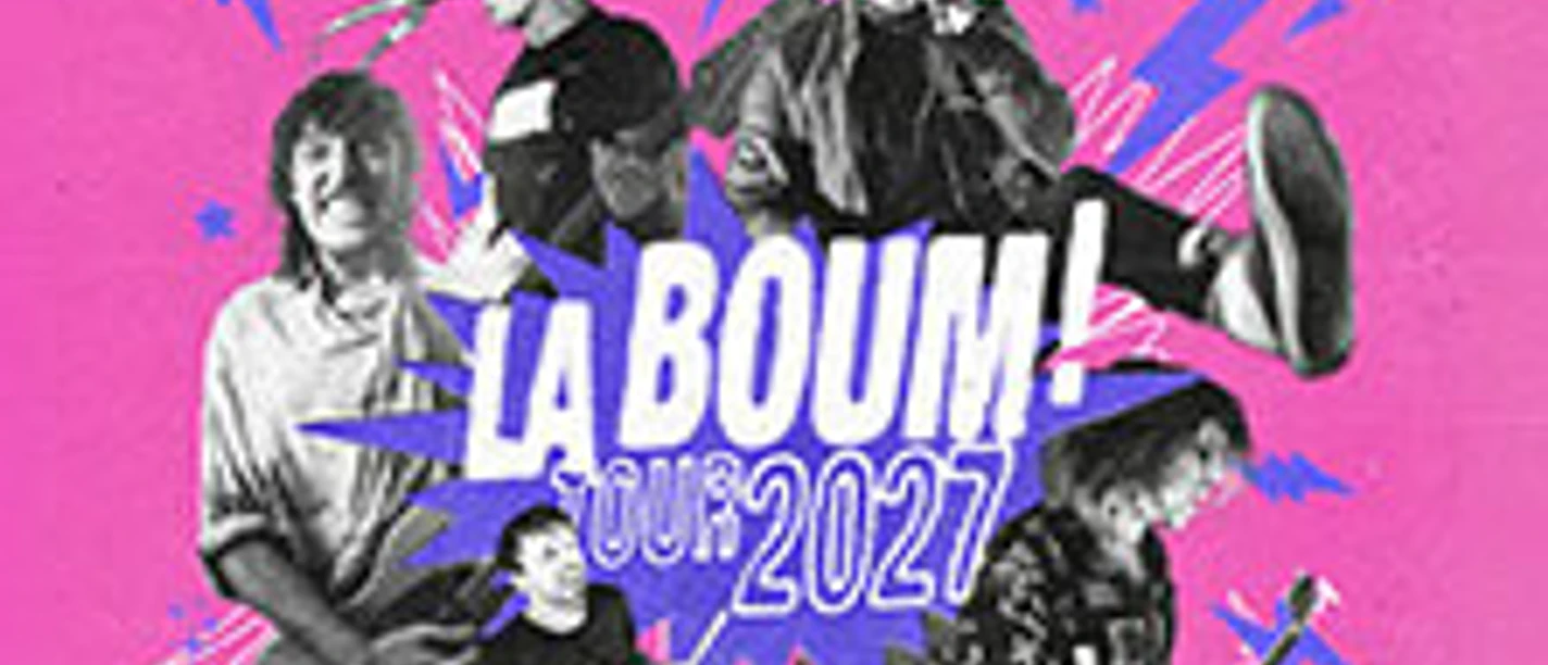 Pinkes Tourplakat der Alex Mofa Gang mit Bandcollage, Blitzmotiven und Tourhinweis 2027