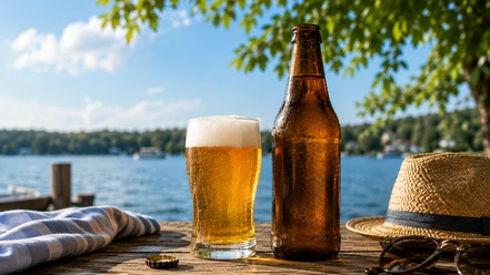 Die Abbildung zeigt im Vordergrund einen sommerlichen Tisch mit einem Hut, einer Flasche Bier und einem Glas. Der Tisch steht am Ufer eines Sees, welcher von Bäumen umrandet ist.