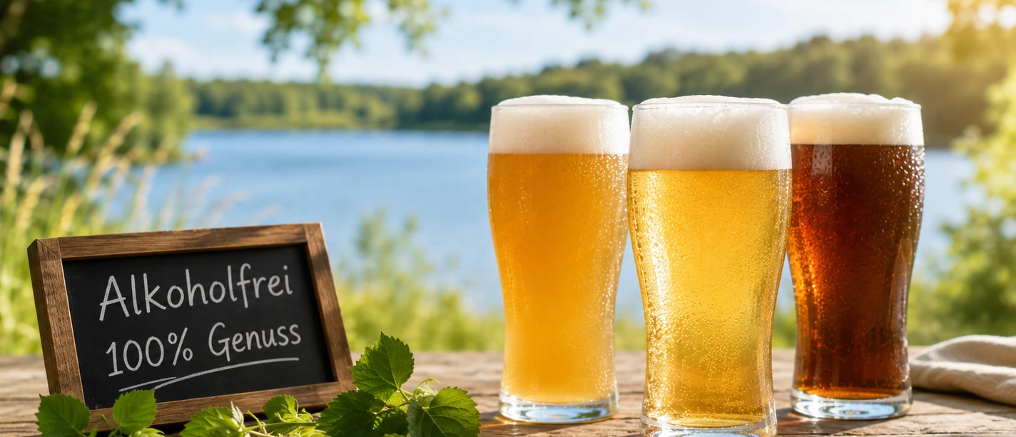 Im Vordergrund stehen drei Gläser mit verschiedenen Biersorten auf einem Tisch. Im Mittel und Hintergrund ist ein See mit bewaldeten Ufern im Sommer zu sehen.