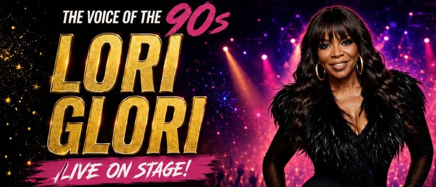 Plakat zu Lori Glori live on stage mit 90er-Party-Motiv und Sängerin vor Bühnenlicht.