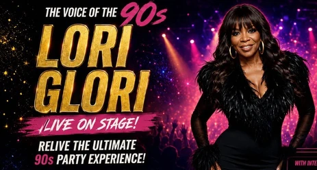 Poster for Lori Glori's live performance featuring a '90s party theme and the singer in the spotlight.