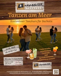 Werbeplakat für Bachata-Tanzkurs am Meer bei Sonnenuntergang in der Freibeuter Strandbar.