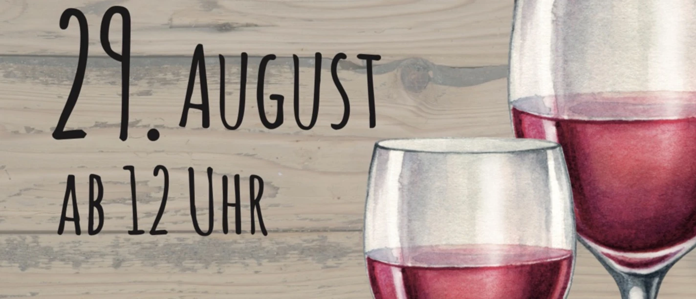 Weinfest-Plakat von Hof Wolper mit zwei Gläsern Rotwein auf Holzgrund.