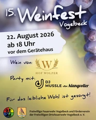 Plakat zum 15. Weinfest in Vogelbeck am 22. August 2026 mit Weintrauben und Programm-Infos.