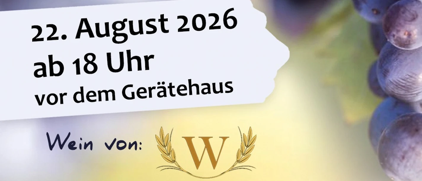 Plakat zum 15. Weinfest in Vogelbeck am 22. August 2026 mit Weintrauben und Programm-Infos.
