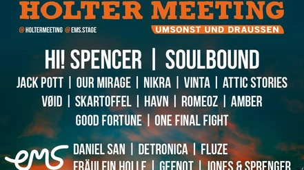 Festivalplakat Holter Meeting am 28.-29.8.26 mit Line-up und Hinweis auf HoMee for Kids.