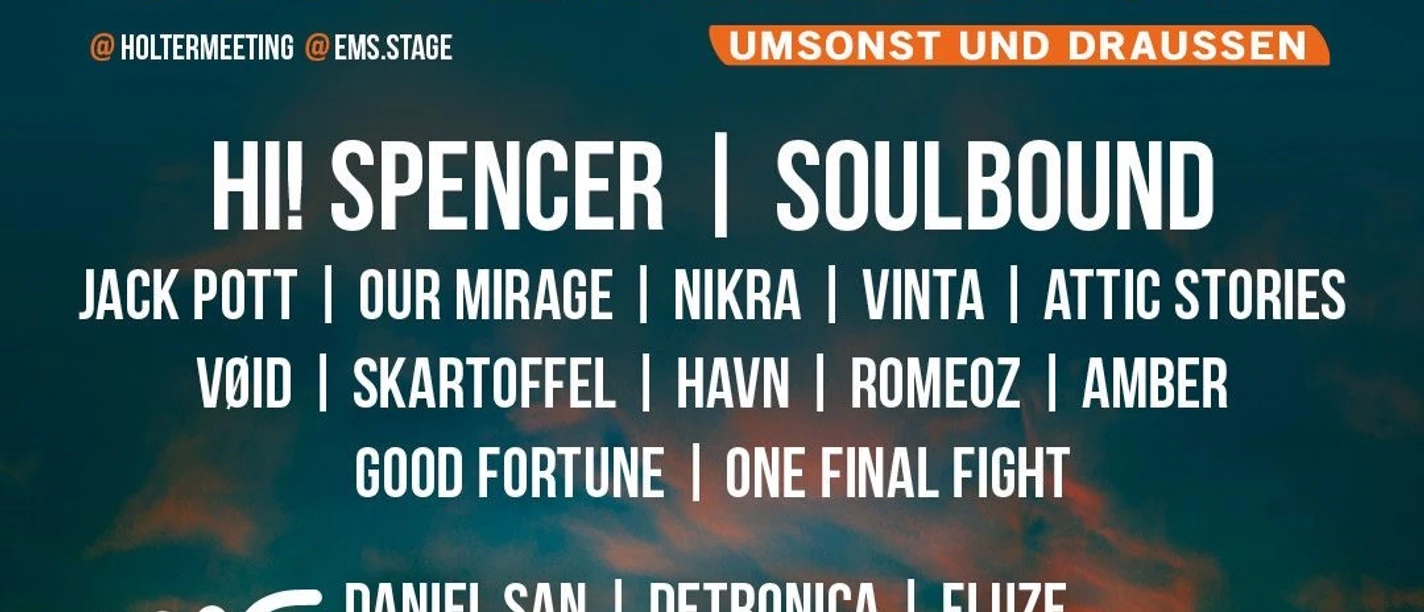 Festivalplakat Holter Meeting am 28.-29.8.26 mit Line-up und Hinweis auf HoMee for Kids.