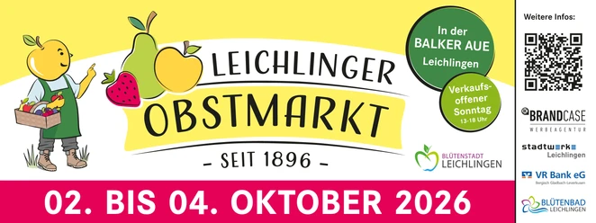 Banner zum Leichlinger Obstmarkt 2026 mit Obstmotiven, Termin 2. bis 4. Oktober