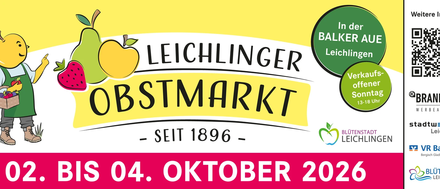 Banner zum Leichlinger Obstmarkt 2026 mit Obstmotiven, Termin 2. bis 4. Oktober