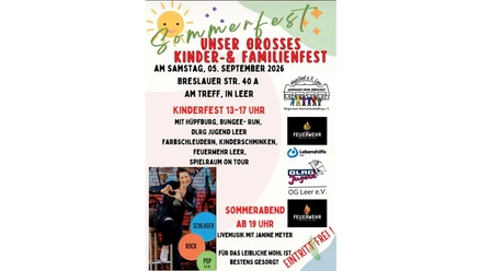 Plakat zum Sommerfest mit Kinderprogramm, Musik und freiem Eintritt in Leer.