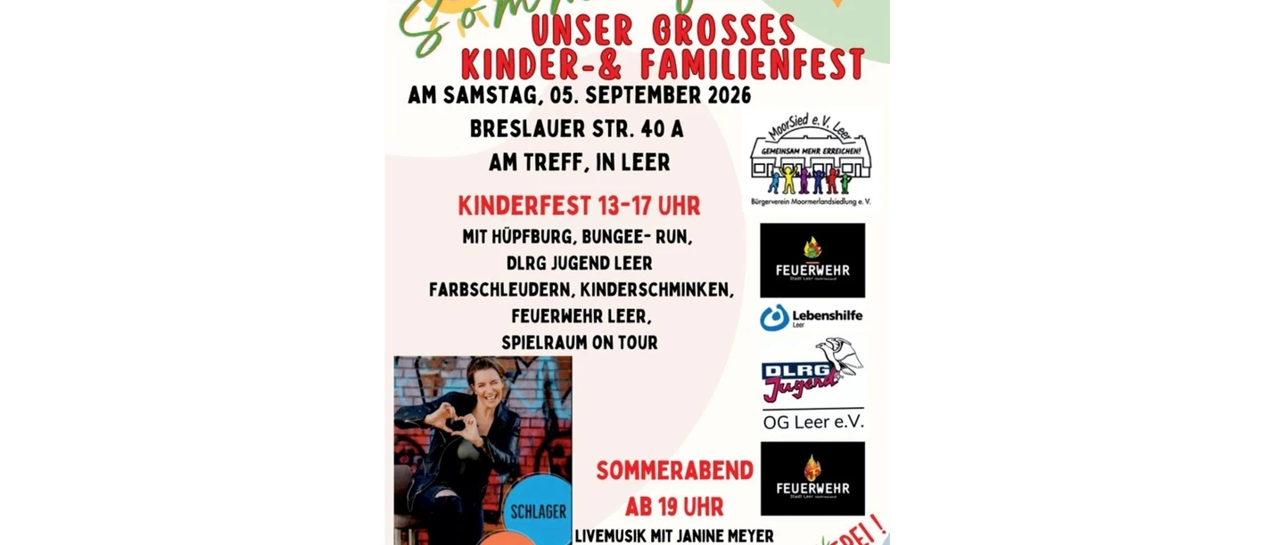 Plakat zum Sommerfest mit Kinderprogramm, Musik und freiem Eintritt in Leer.
