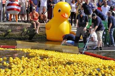 Many yellow rubber ducks in the water, along with a large inflatable duck and a crowd of people on the shore.