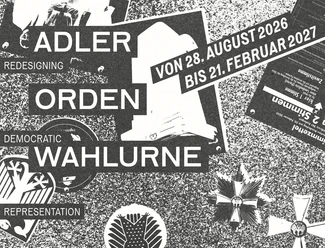Schwarz-weißes Poster der Ausstellung "Adler Orden Wahlurne" 2026-2027.