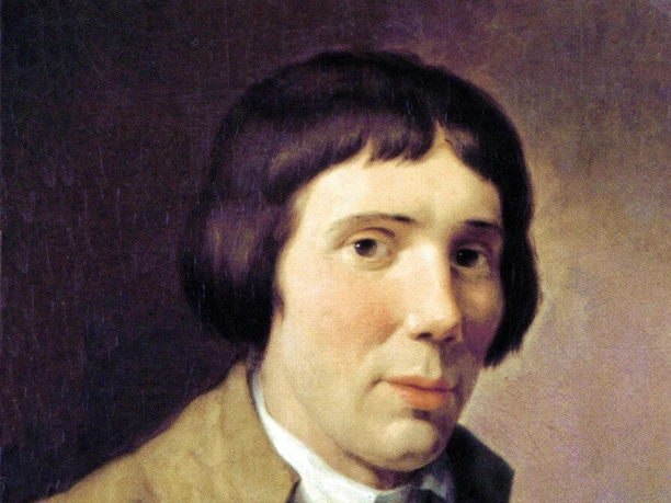 Gemaltes Porträt von Karl Philipp Moritz mit dunklem Haar und brauner Jacke