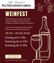 Plakat in den Farben Weinrot und Hellgelb. Es zeigt eine Falsche und ein Weinglas sowie den Schriftzug "Weinfest" 28.08. bis 30.08. auf dem Dorfplatz in Wülfrath-Düssel.
