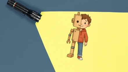 Im Licht einer Taschenlampe sieht man eine Gestalt mit zwei Körperhälften. Links ist sie ein Roboter aus Holz und rechts ist sie ein kleiner Junge.