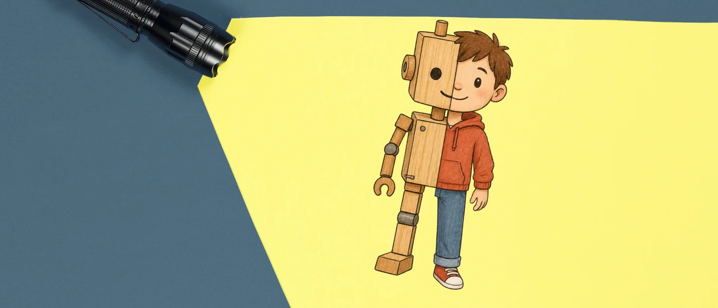 Im Licht einer Taschenlampe sieht man eine Gestalt mit zwei Körperhälften. Links ist sie ein Roboter aus Holz und rechts ist sie ein kleiner Junge.