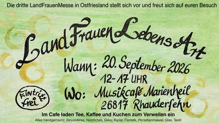 Grünes Plakat zur LandFrauenMesse am 20. September 2026 mit handgemachten Waren.