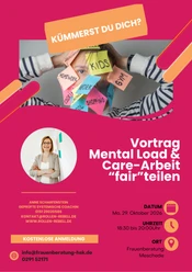 Pinkes Plakat für einen Vortrag zu Mental Load und Care-Arbeit am 29. Oktober 2026 in Meschede.