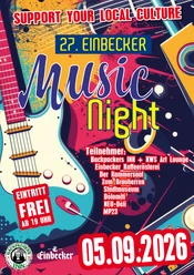Buntes Plakat der 27. Einbecker Music Night am 05.09.2026 mit E-Gitarre und freiem Eintritt.