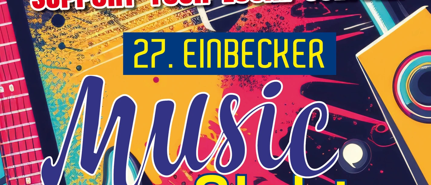 Buntes Plakat der 27. Einbecker Music Night am 05.09.2026 mit E-Gitarre und freiem Eintritt.