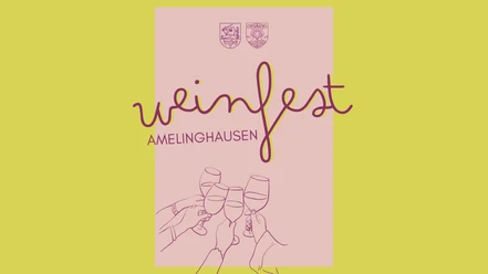 Grafik zum Weinfest Amelinghausen mit anstoßenden Weingläsern auf gelbem Hintergrund.