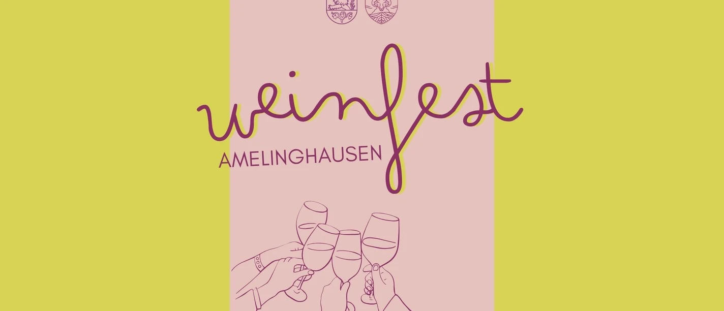 Grafik zum Weinfest Amelinghausen mit anstoßenden Weingläsern auf gelbem Hintergrund.